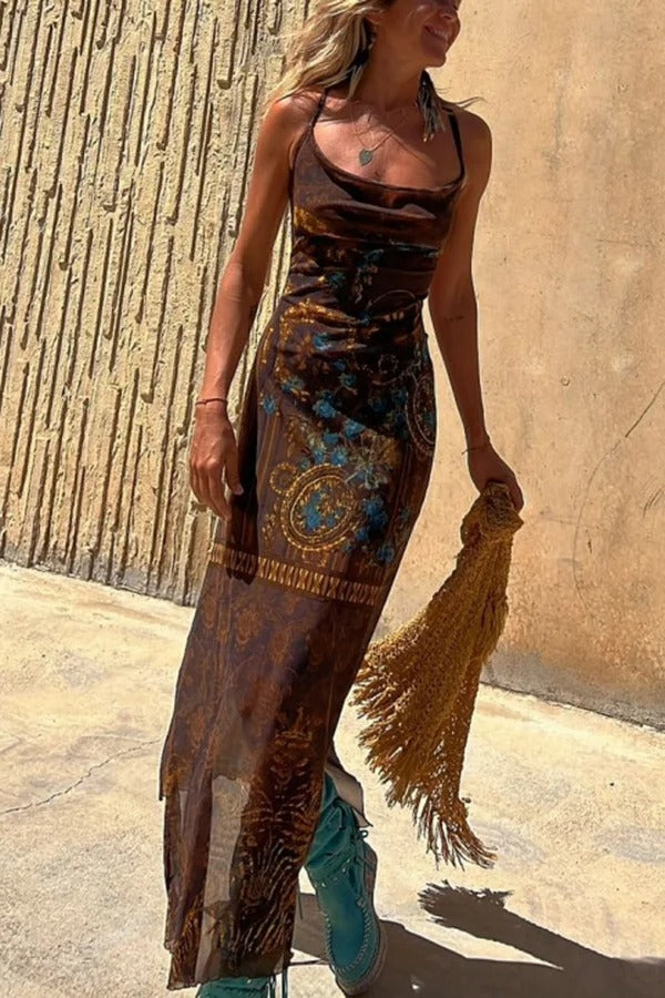 JO | Gypsy Style Unique Print Cowl Neck Back Lace Up Slit Midi Dress