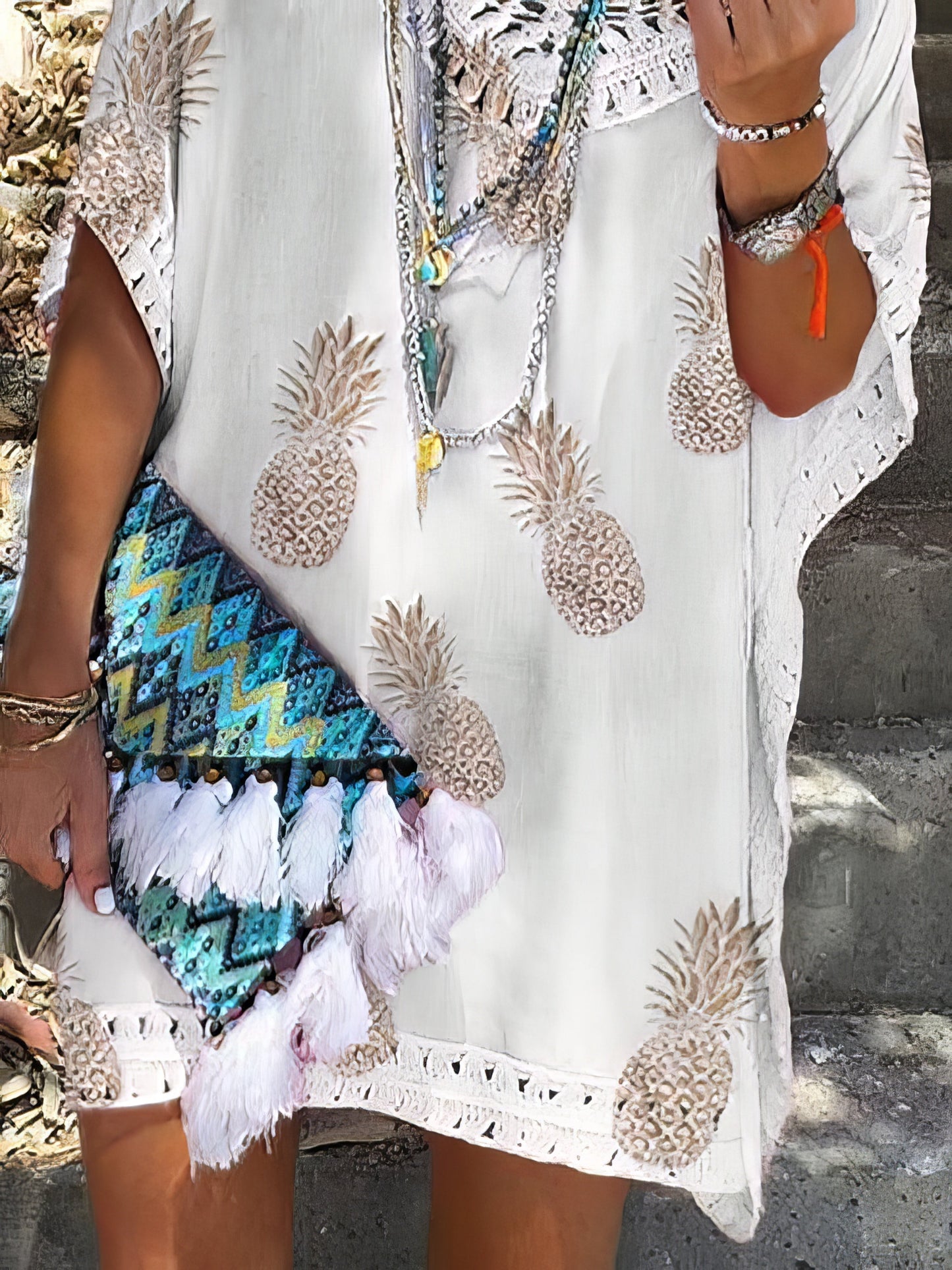 JO | Casual loose lace V-neck pineapple print mini dress