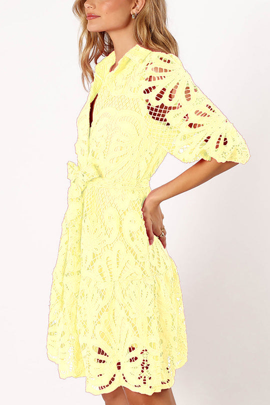 JO | Solid color lace neckline balloon sleeves and waist tie mini dress