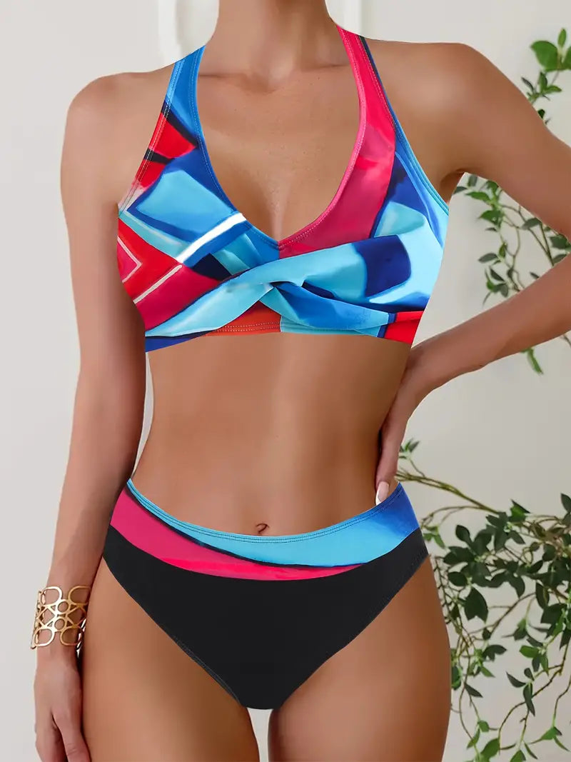 JO | Stylish Random Print Halter Cross Bikini
