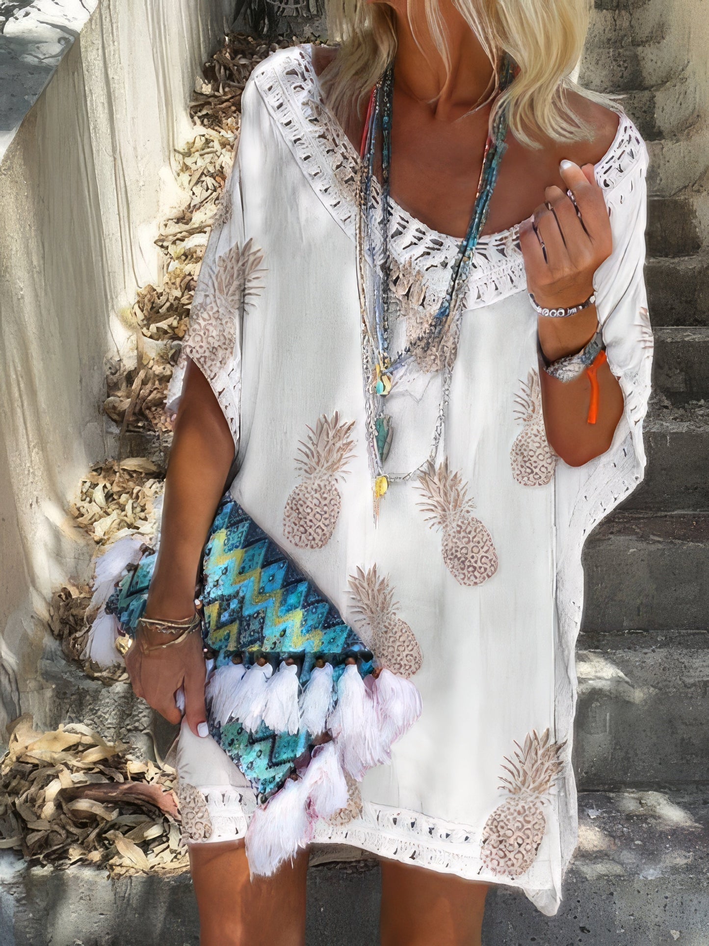 JO | Casual loose lace V-neck pineapple print mini dress