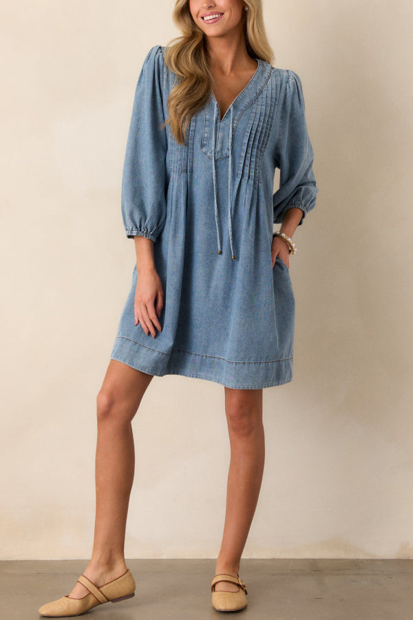 JO | Fate Would Have It Denim Playful Pleated Pocket A-Line Mini Dress