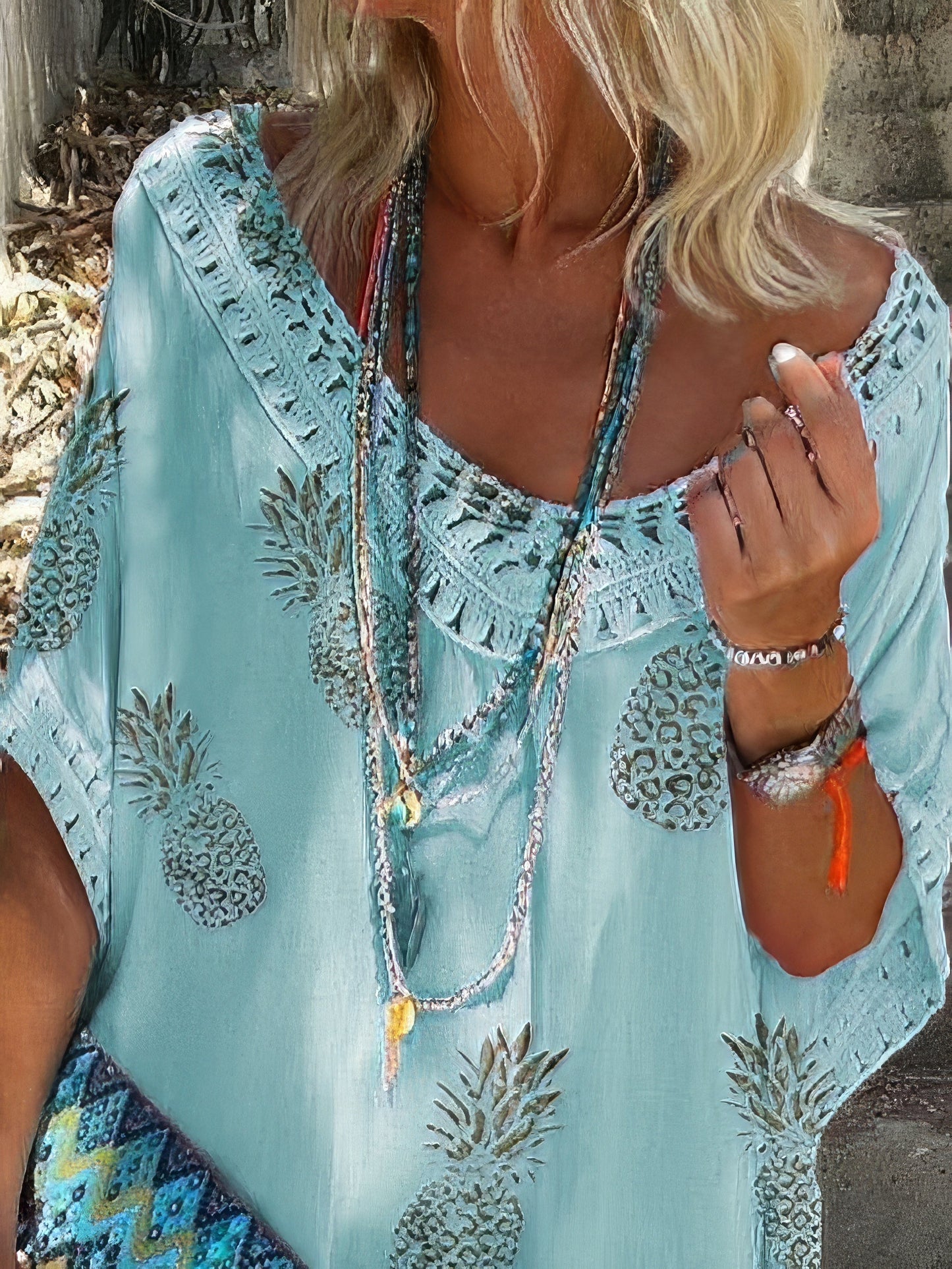 JO | Casual loose lace V-neck pineapple print mini dress