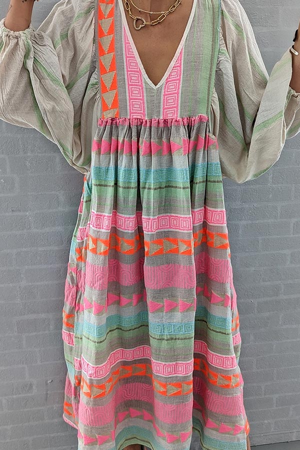 JO | Pink striped midi dress with Greek key and orange necklace