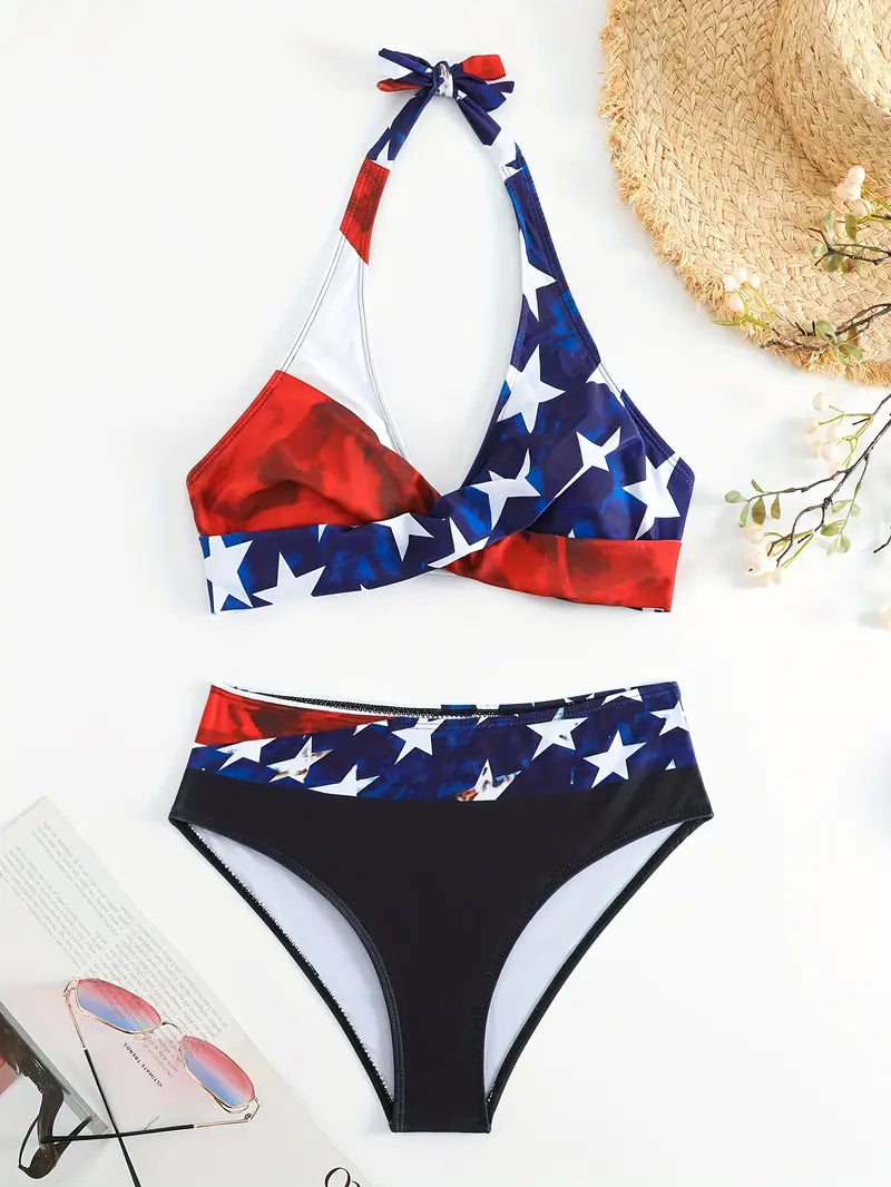 JO | Stylish Random Print Halter Cross Bikini