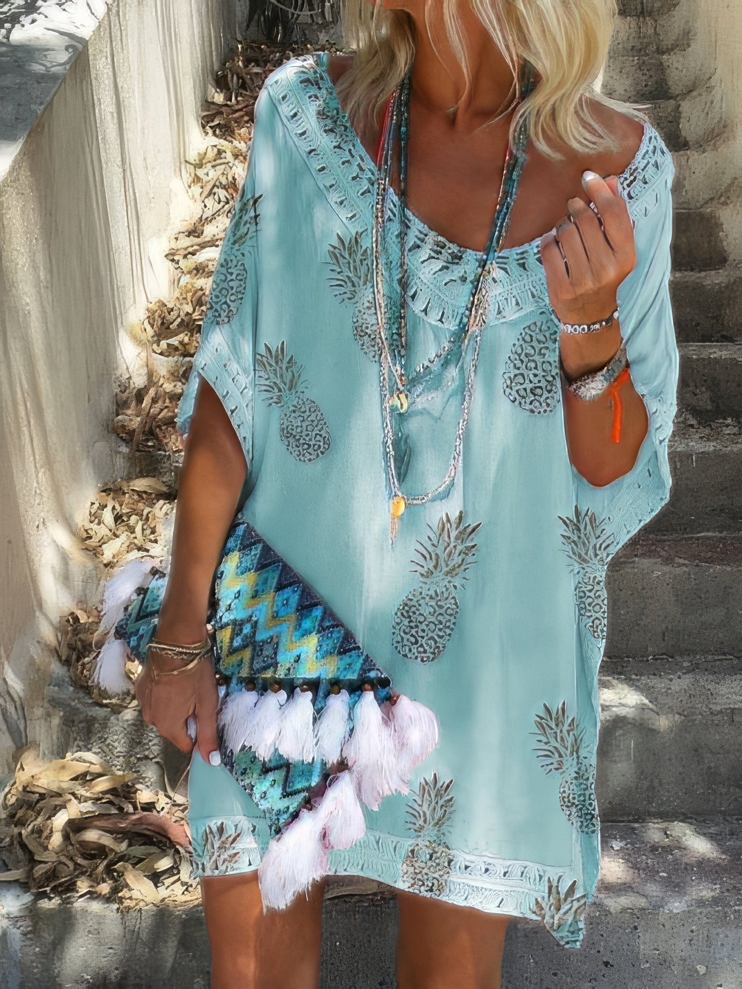 JO | Casual loose lace V-neck pineapple print mini dress