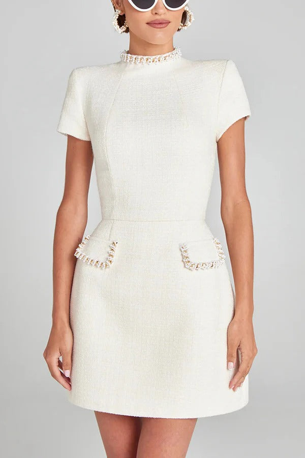 JO | Exquisite and playful tweed fabric beaded short sleeve pocketed mini dress