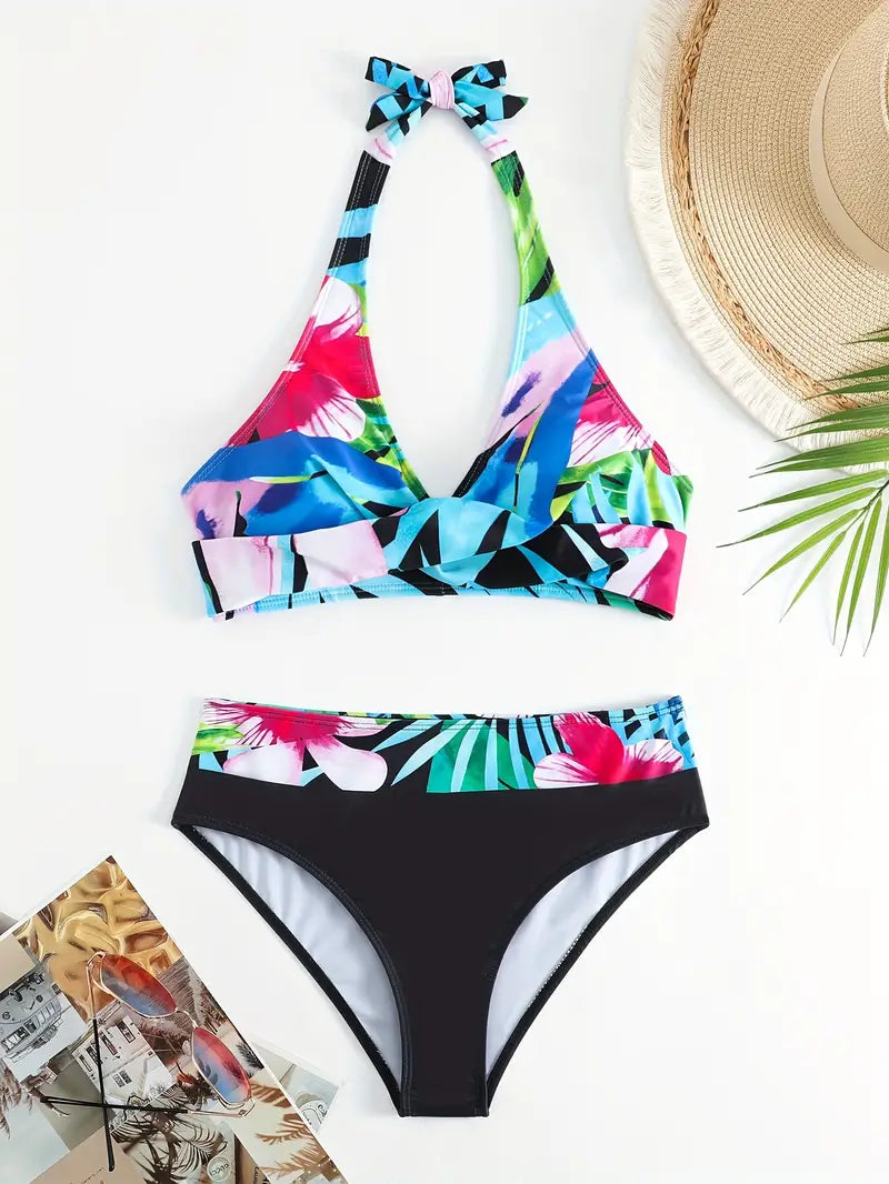 JO | Stylish Random Print Halter Cross Bikini