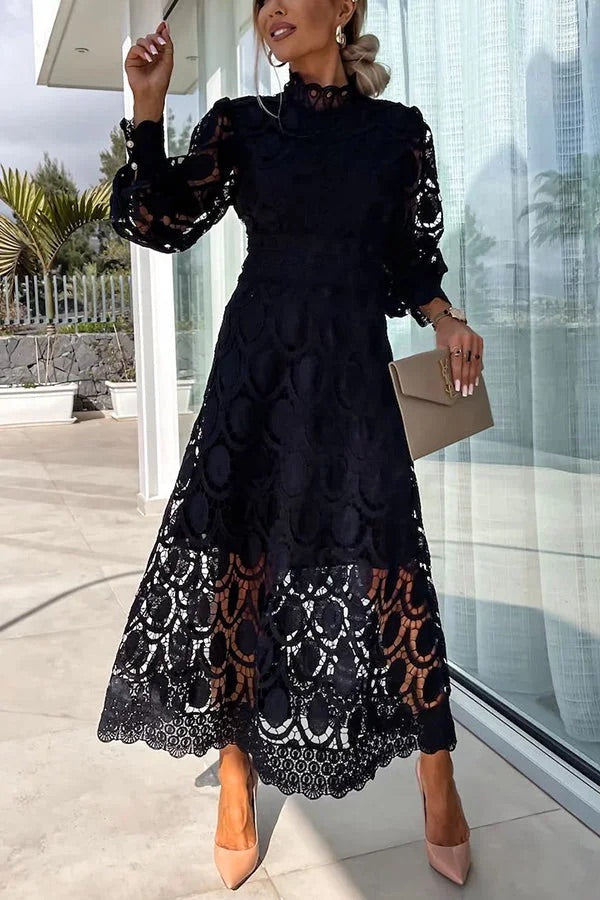 JO | Romantic, Sensual and Elegant Crochet Lace Lantern Sleeve Party Midi Dress