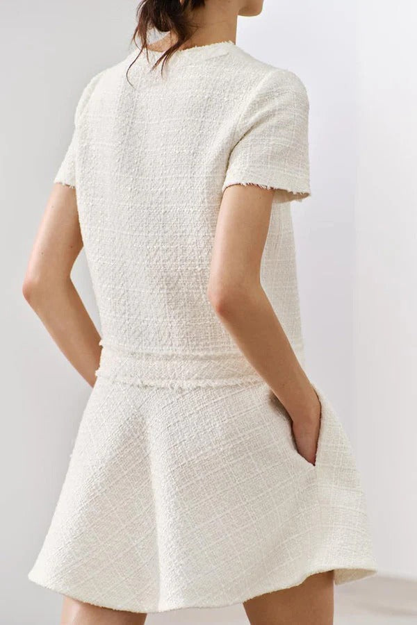 JO | 1960s London Girl tweed textured gold button short sleeve pocketed mini dress