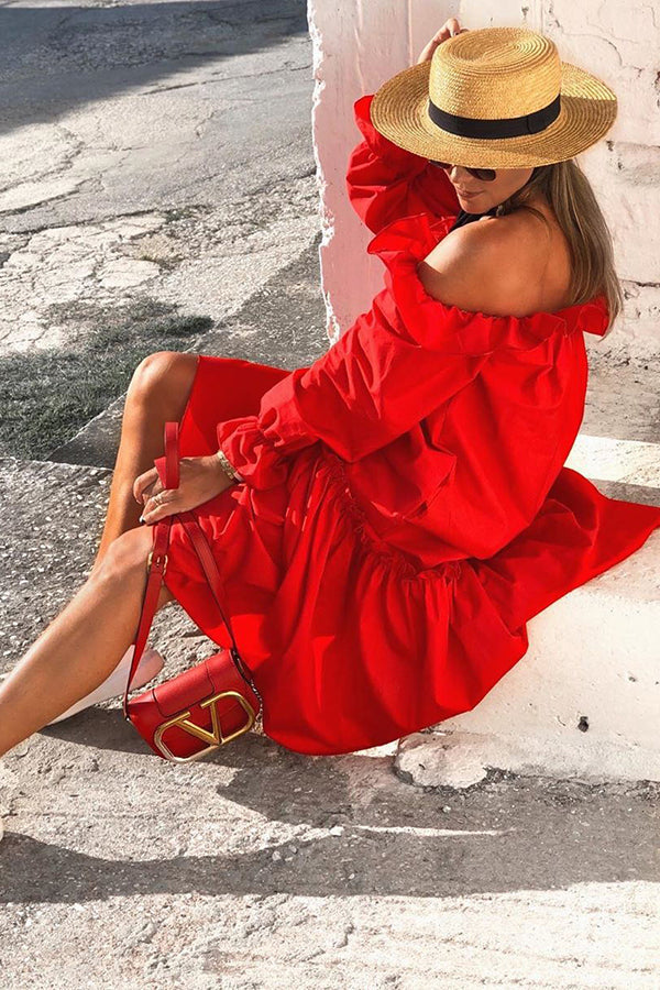 JO | Fionna Off Shoulder Ruffle Irregular Trim Loose Midi Dress