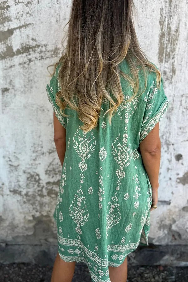 JO | Linen Blend Unique Print Lapel Casual Pocket Mini Dress