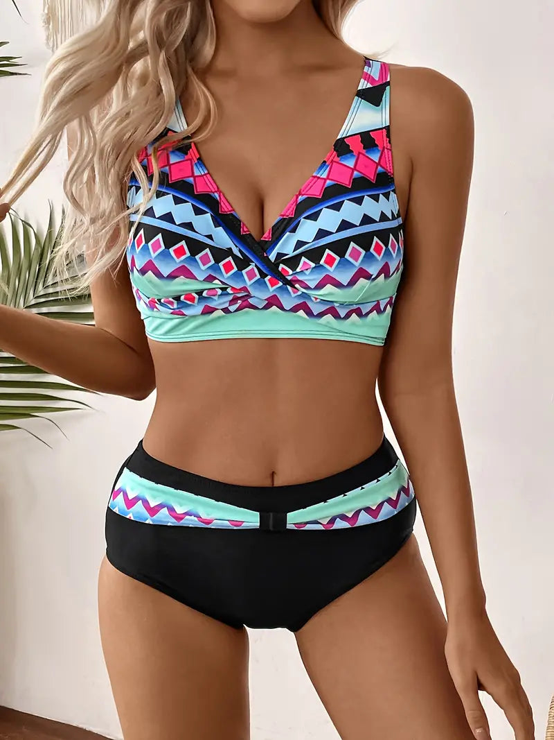 JO | Fashionable and chic random print V-neck bikini