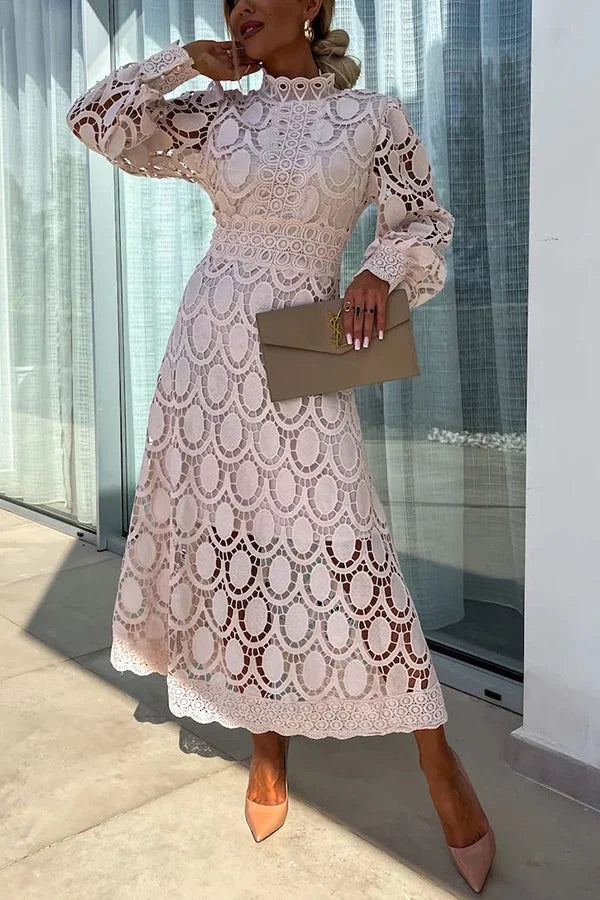 JO | Romantic, Sensual and Elegant Crochet Lace Lantern Sleeve Party Midi Dress