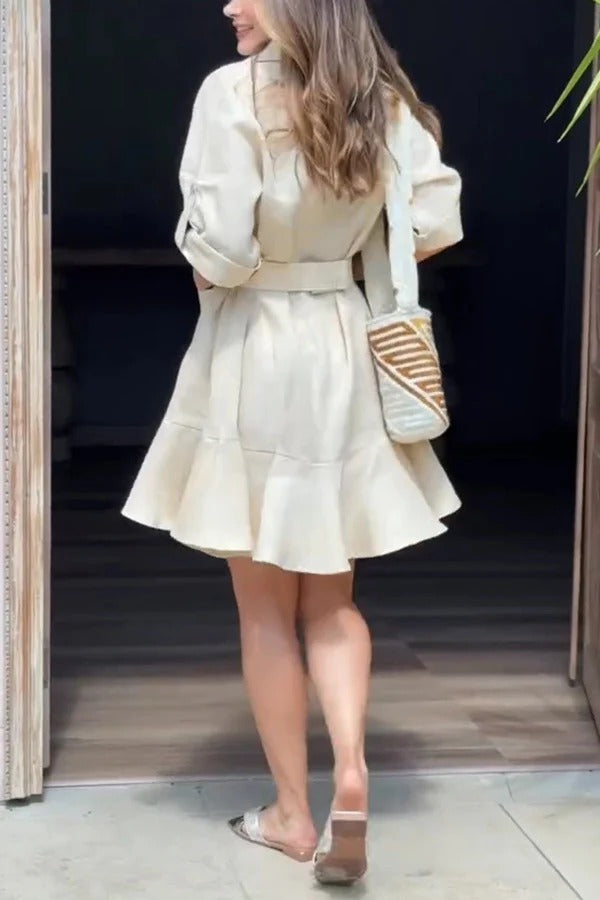 JO | Solid Color Casual Lapel Bag Ruffle Loose Mini Dress