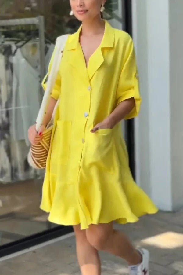 JO | Solid Color Casual Lapel Bag Ruffle Loose Mini Dress