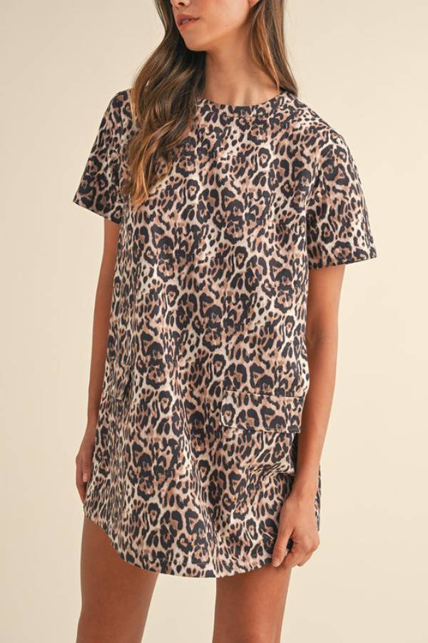 JO | Brown Leopard Print Short Sleeve Mini Dress with Pocket