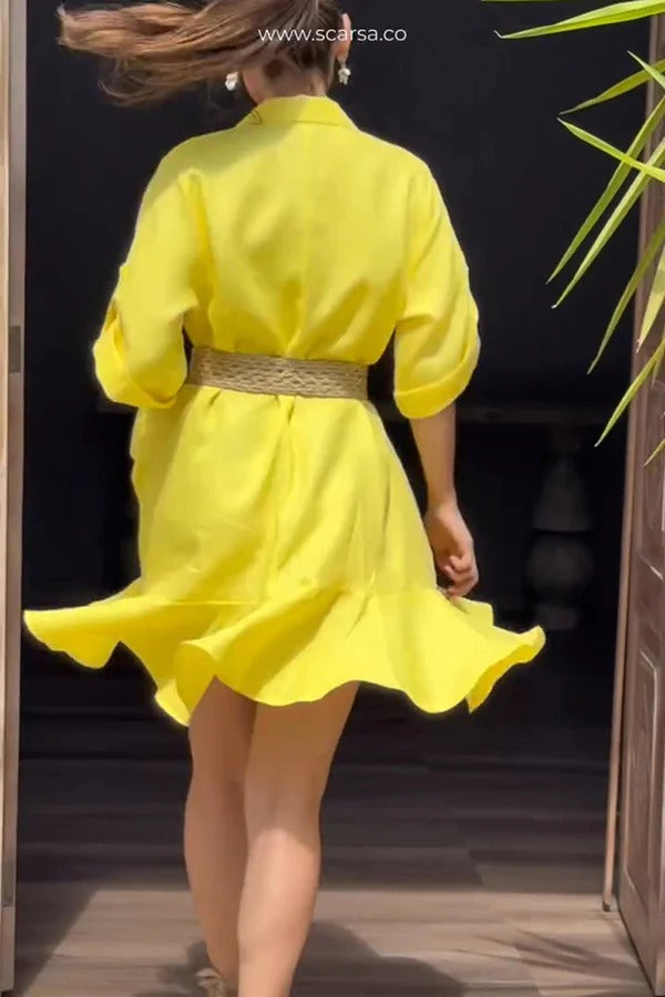 JO | Solid Color Casual Lapel Bag Ruffle Loose Mini Dress