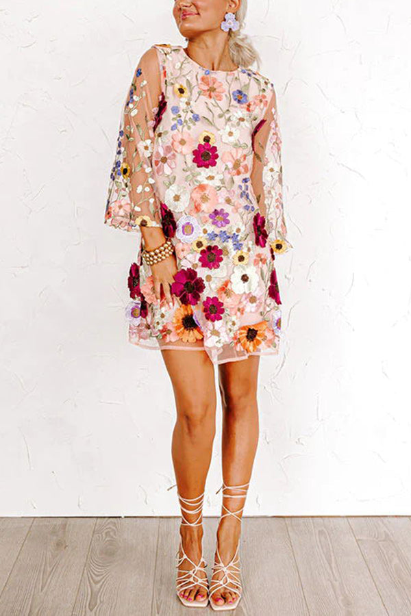 JO | Dahlia Dreaming Embroidered Floral Appliqué Half Sleeve Mini Dress