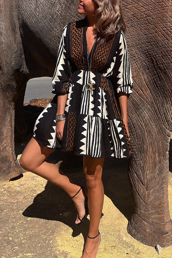 JO | Ethnic Print Elastic Waist Babydoll Mini Dress