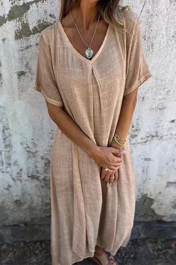 JO | V-neck loose fit cotton linen midi dress