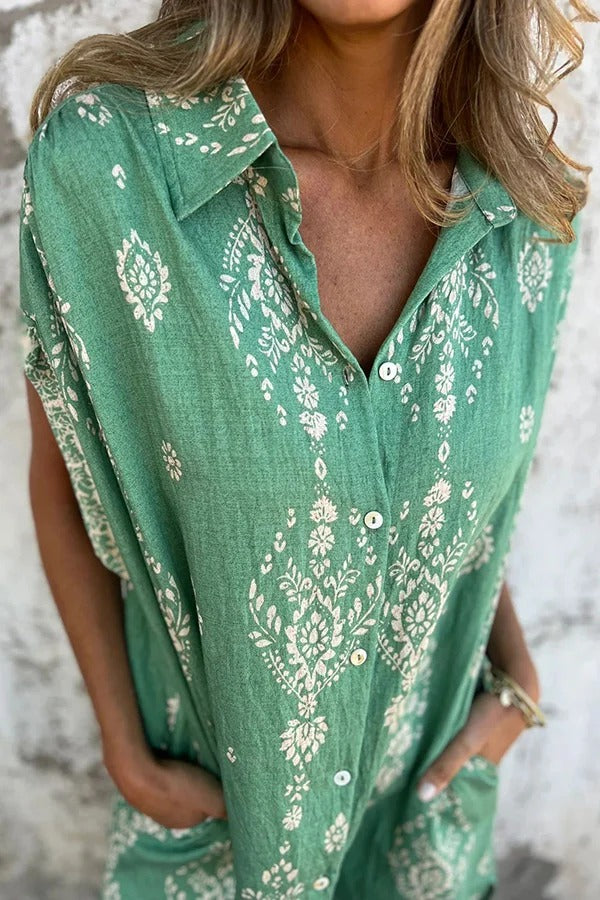 JO | Linen Blend Unique Print Lapel Casual Pocket Mini Dress