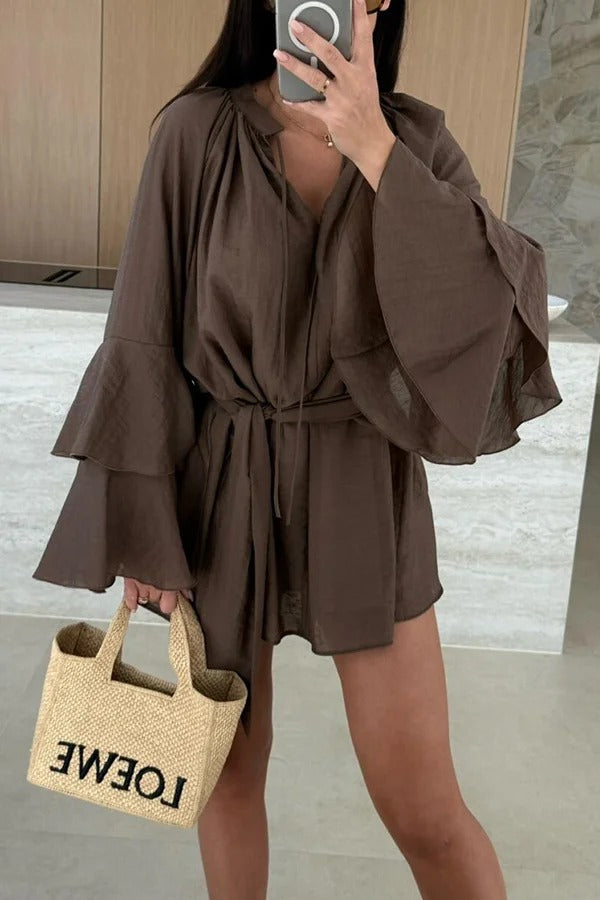 JO | Molly Linen Blend Tiered Bell Sleeve Tie-up Cover-up Mini Dress