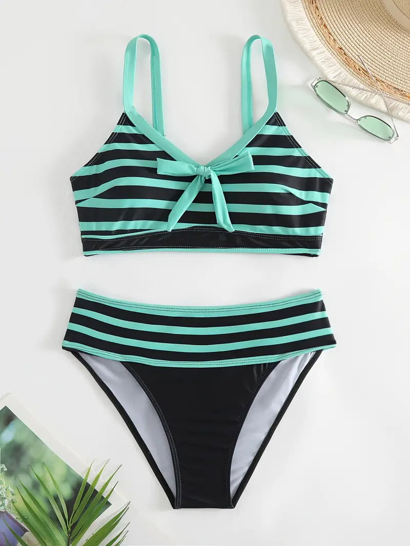 JO | Sexy striped print bow knot V-neck bikini