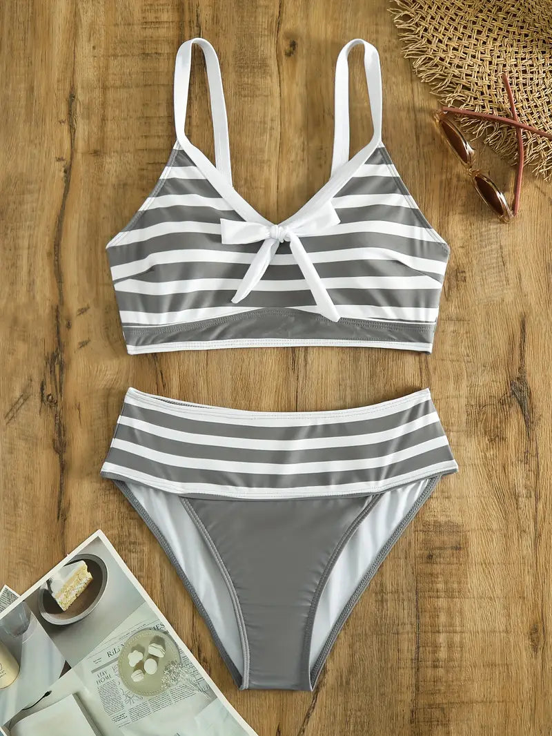 JO | Sexy striped print bow knot V-neck bikini