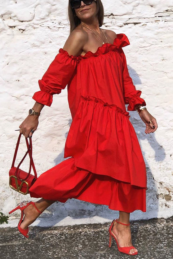 JO | Fionna Off Shoulder Ruffle Irregular Trim Loose Midi Dress