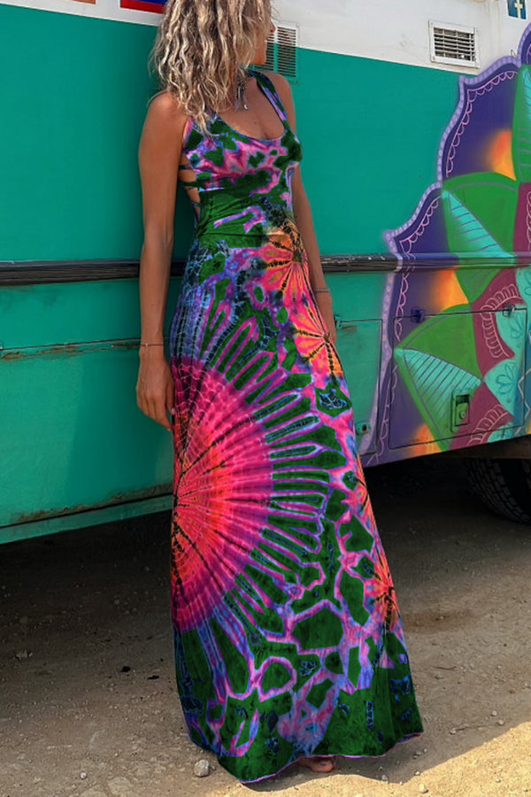 JO | La Bamba tie-dye print back lace-up stretch maxi dress