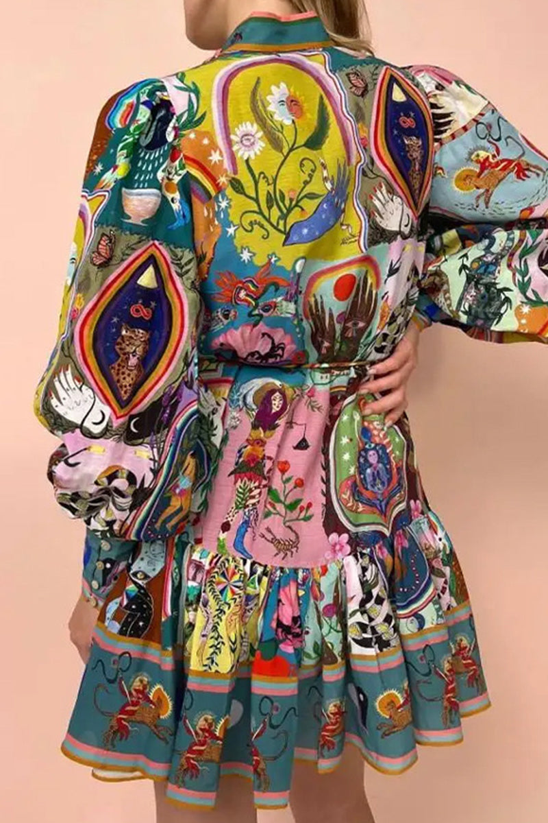 JO | Street Elegant Floral Print Lace Up Buckle Turndown Collar Shirtdresses