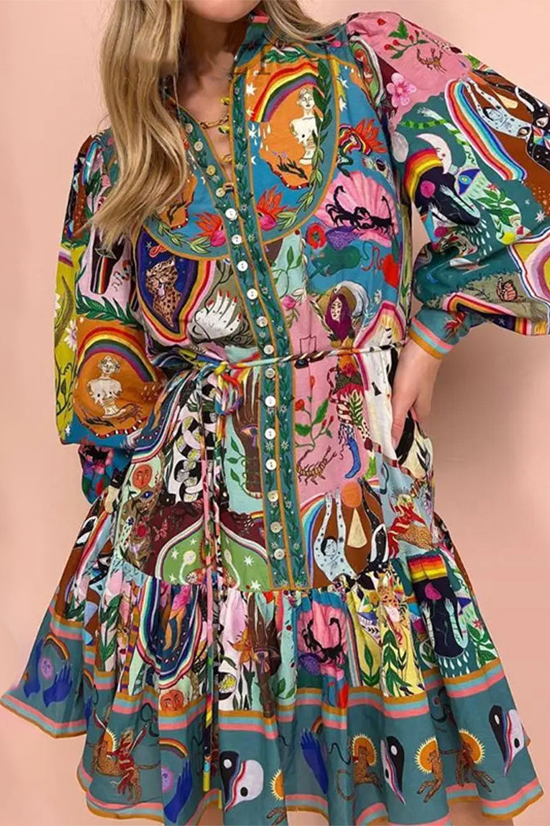 JO | Street Elegant Floral Print Lace Up Buckle Turndown Collar Shirtdresses