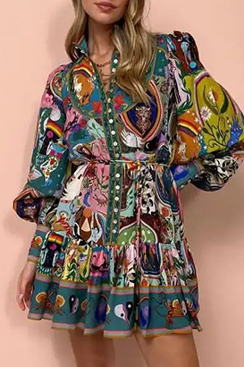 JO | Street Elegant Floral Print Lace Up Buckle Turndown Collar Shirtdresses