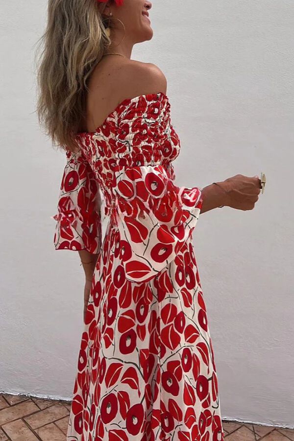 JO | Close To The Vacation Floral Print Smocked Off Shoulder Pocketed Maxi Dress