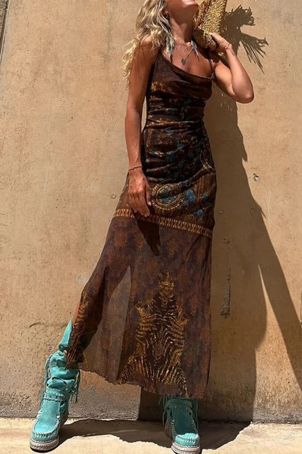 JO | Gypsy Style Unique Print Cowl Neck Back Lace Up Slit Midi Dress