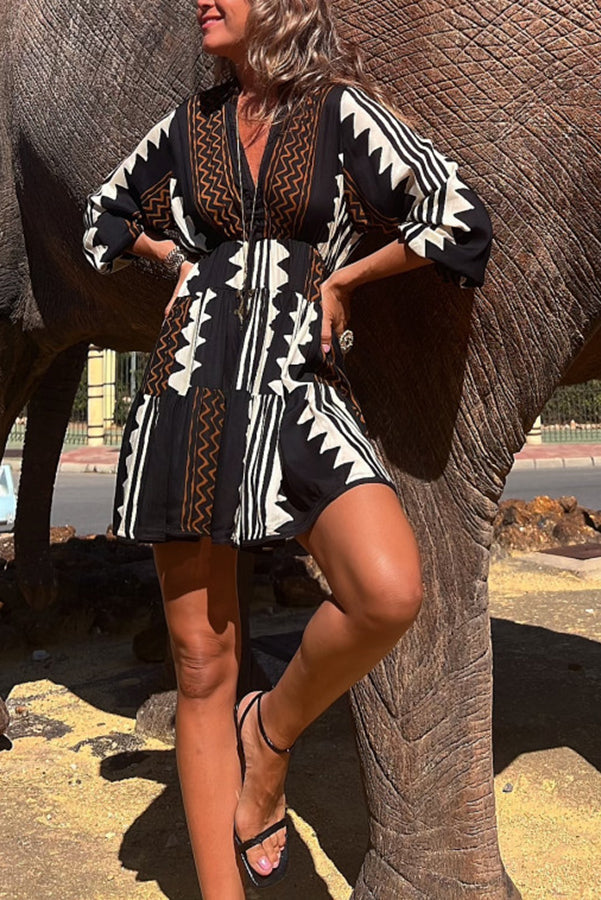 JO | Ethnic Print Elastic Waist Babydoll Mini Dress