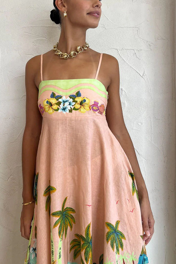 JO | Coconut Scenery Linen Blend Tropical Print Smocked Back Midi Dress