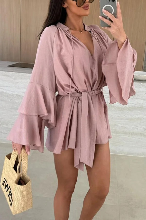 JO | Molly Linen Blend Tiered Bell Sleeve Tie-up Cover-up Mini Dress