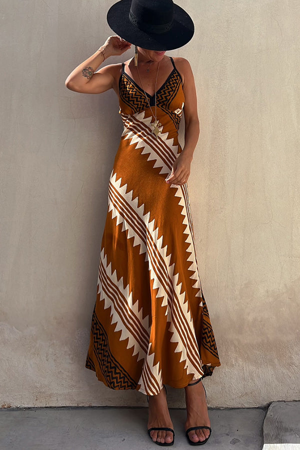 JO | Always Falling Satin Ethnic Print Smocked Back Midi Dress