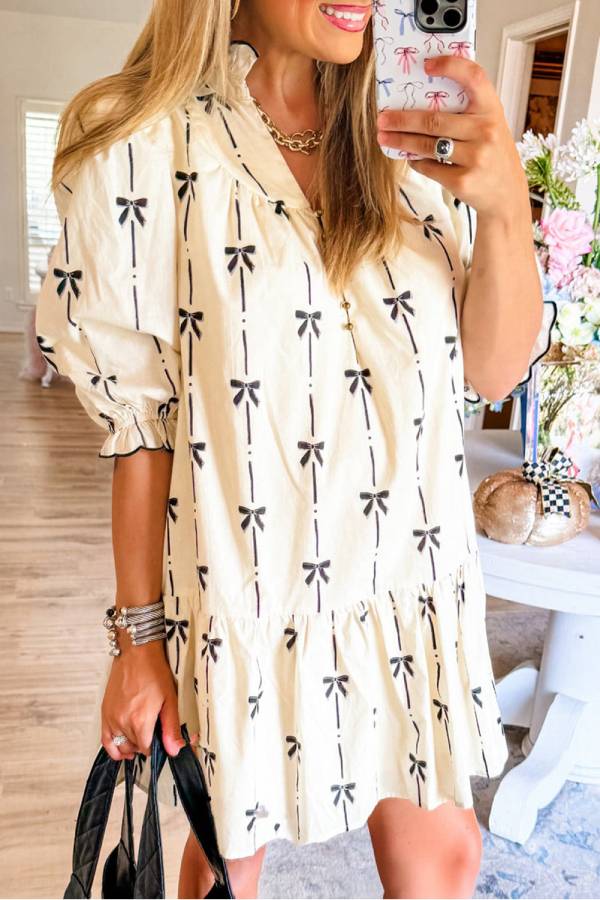 JO | Beige Cute Bowknot Printed Bubble Sleeve V-Neck Mini Dress