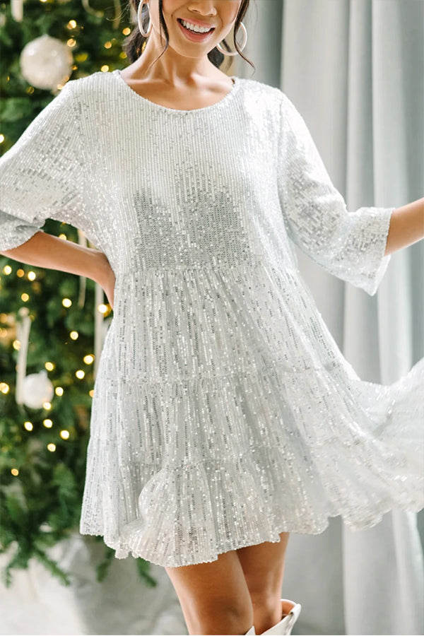 JO | Silver Party Sequins Half Sleeve Round Neck Mini Dress
