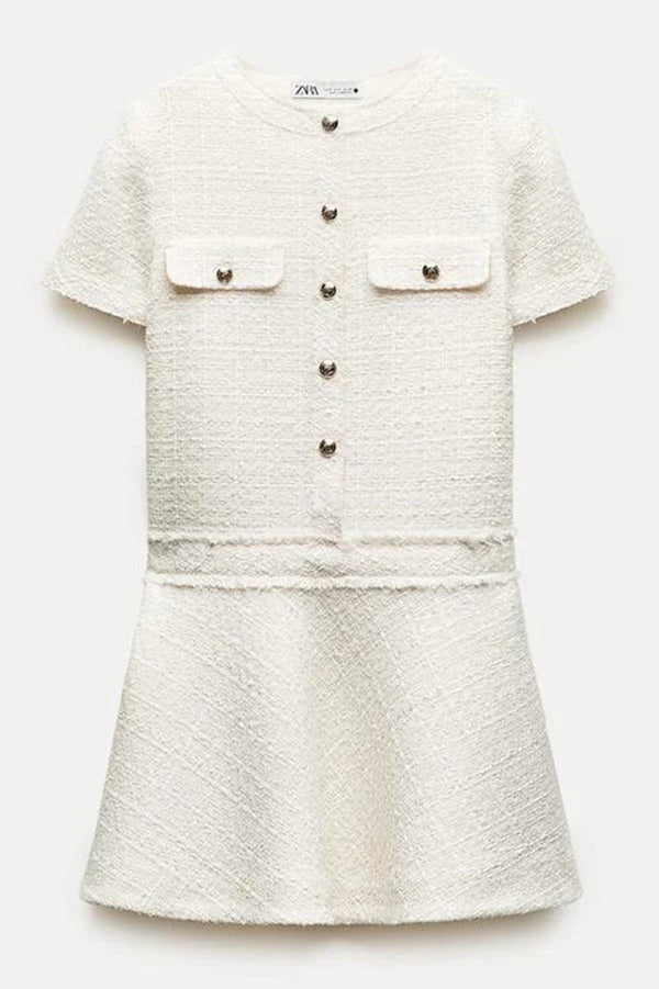 JO | 1960s London Girl tweed textured gold button short sleeve pocketed mini dress