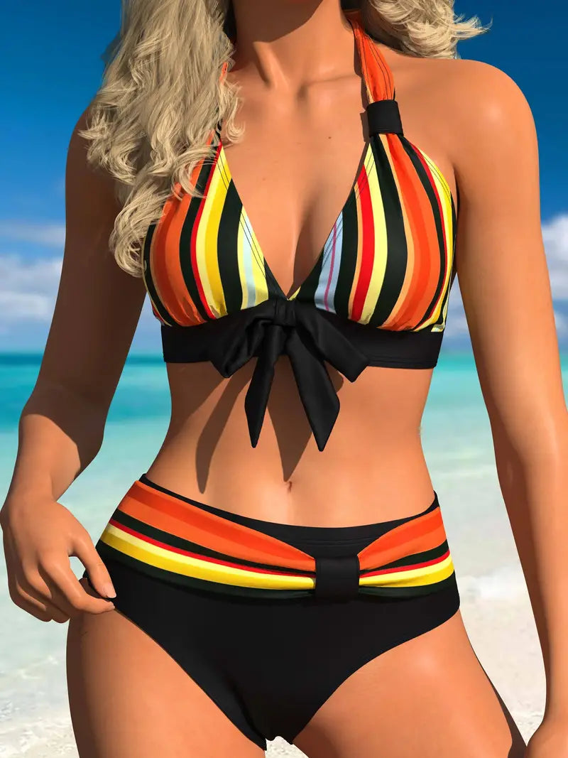 JO | Colorful stripe print halter bikini with drawstring
