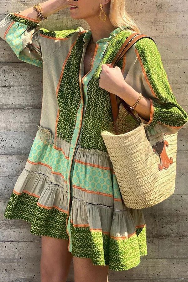 JO | Vacation Style Ethnic Print Button Loose Mini Dress