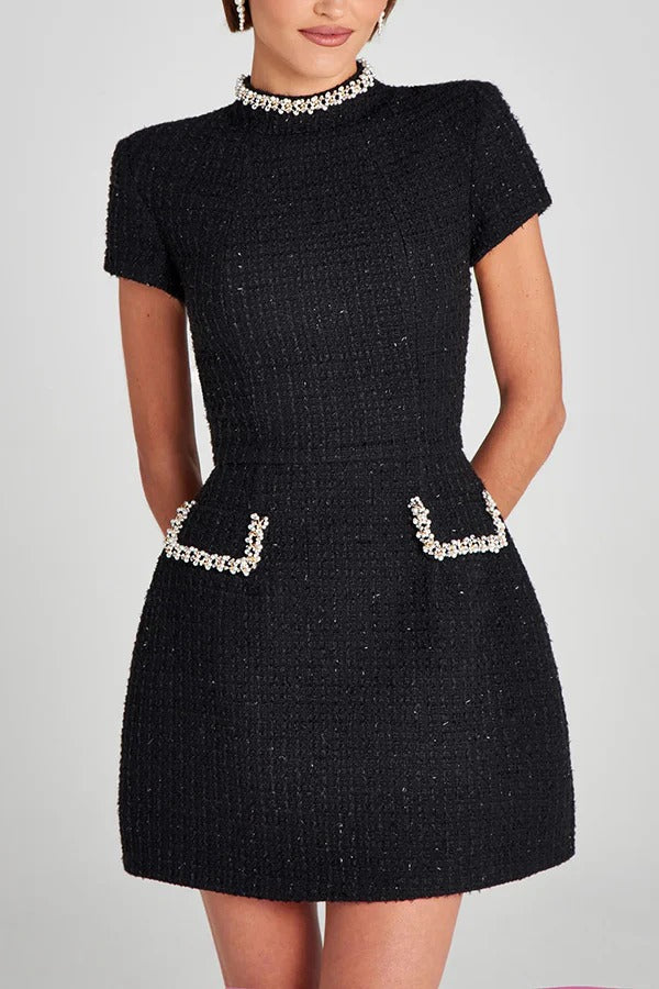 JO | Exquisite and playful tweed fabric beaded short sleeve pocketed mini dress