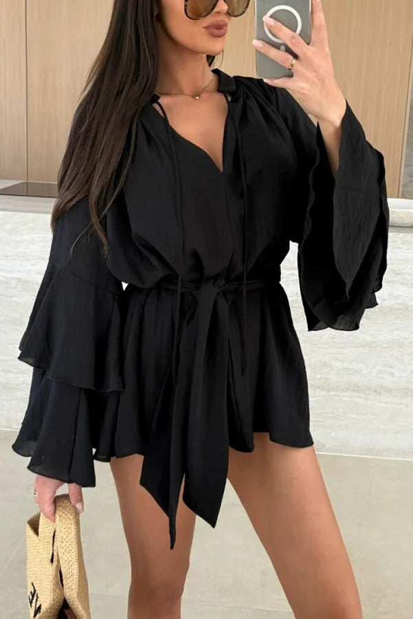 JO | Molly Linen Blend Tiered Bell Sleeve Tie-up Cover-up Mini Dress