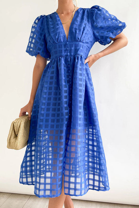 JO | Remarkable Beauty Square Patterned Fabric Puff Sleeve Party Midi Dress