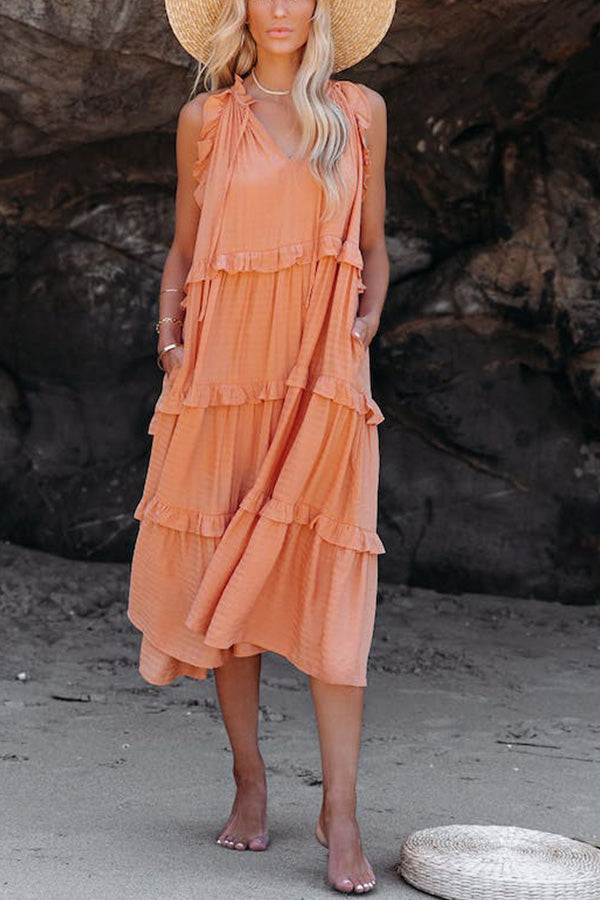 JO | COTTON BLEND, TIERED MIDI DRESS WITH POCKETS