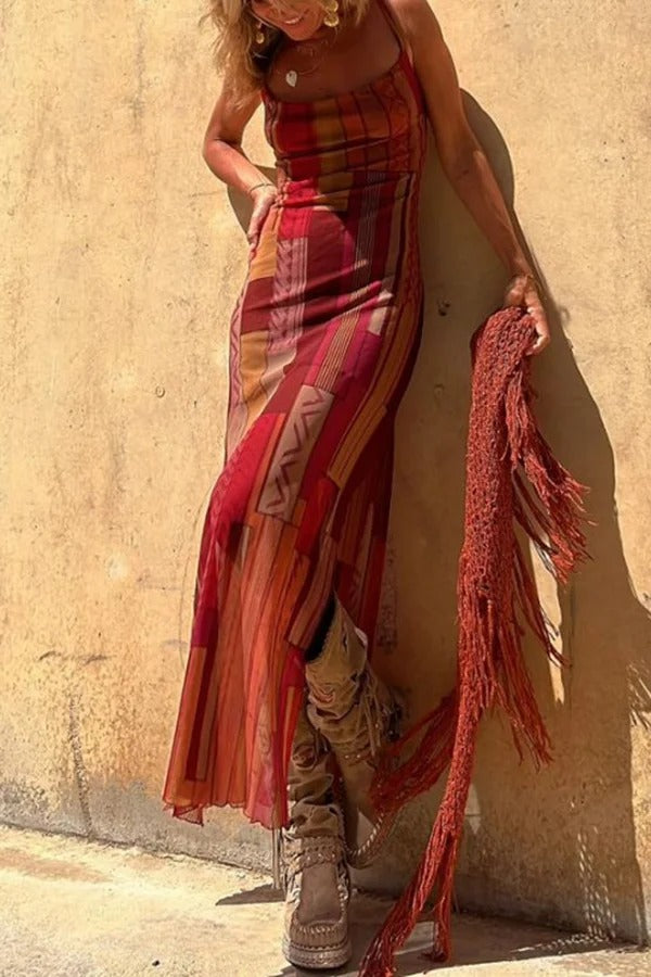 JO | Gypsy Style Unique Print Cowl Neck Back Lace Up Slit Midi Dress